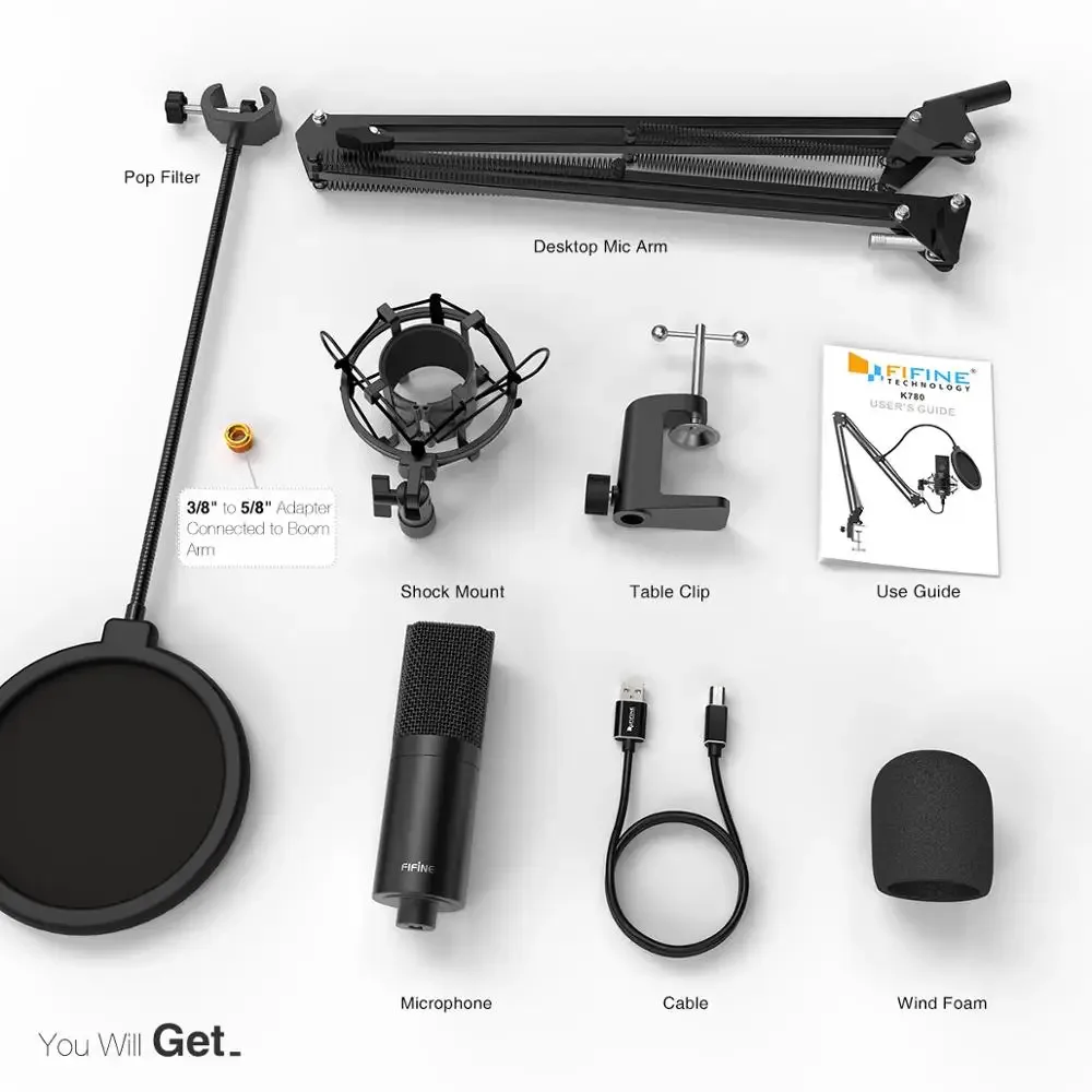 Microphone USB FIFINE K780 avec bras articulé, support antichoc et filtre anti-pop pour podcast et voix off - Image 6