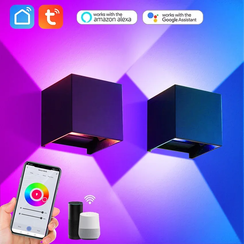 Applique murale extérieure connectée Cube Nik, RGBCW 2700-6500K, éclairage haut et bas, compatible Alexa et Google Home - Image 1