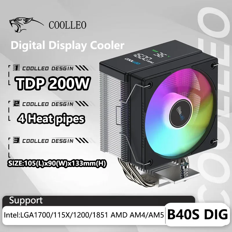 COOLLEO B40S DIG - Ventirad CPU avec Affichage de Température Digital, 4 Caloducs, TDP 200W, compatible LGA1700/115X/AM4/AM5 - Image 1