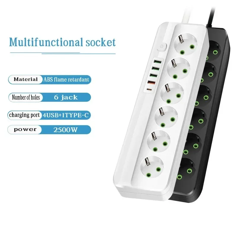 Multiprise 3 à 6 Prises avec 4 Ports USB et 1 Port USB-C - Câble 2m - 2500W