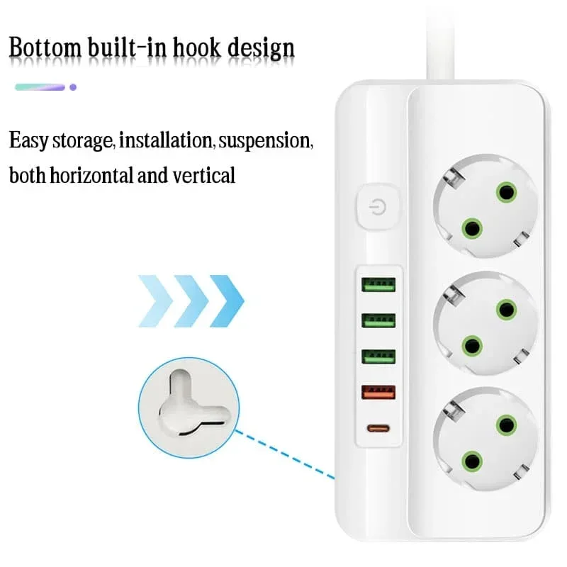 Multiprise 3 à 6 Prises avec 4 Ports USB et 1 Port USB-C - Câble 2m - 2500W 5