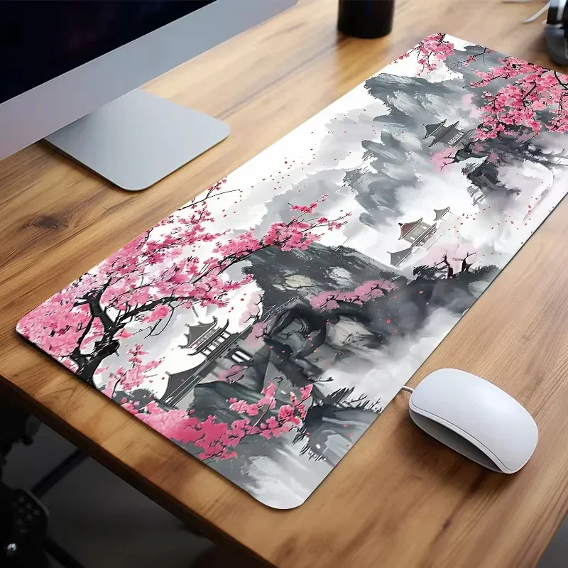 Grand tapis de souris motif fleur de cerisier avec bords cousus et base antidérapante - Image 3