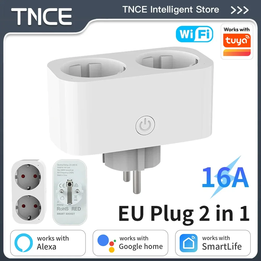 Double Prise Connectée WiFi 16A TNCE - Suivi de Consommation - Compatible Tuya, Alexa et Google Home - Image 1