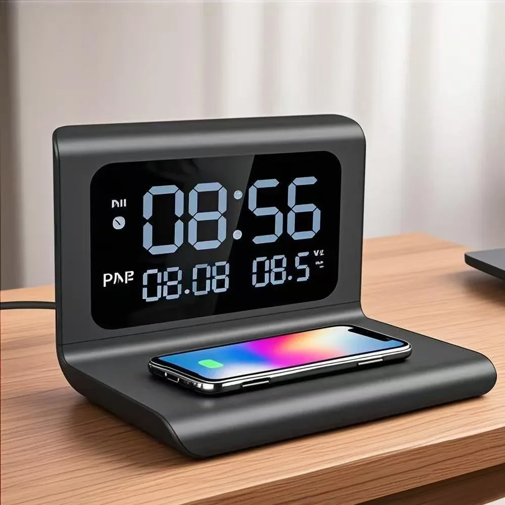 Station de charge sans fil rapide avec réveil et thermomètre - Compatible Qi - Image 1