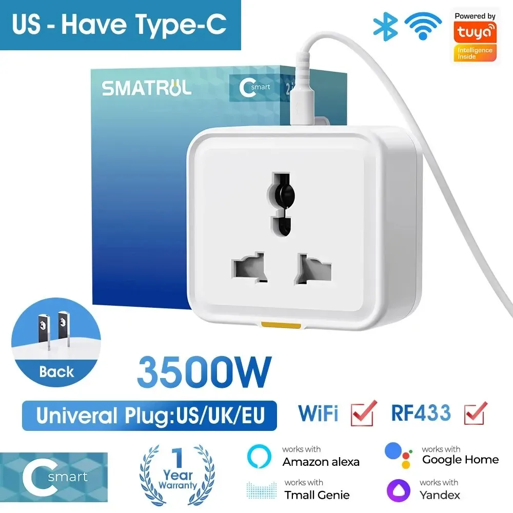 Prise intelligente universelle Tuya 16A avec WiFi, RF433 et port USB-C 9