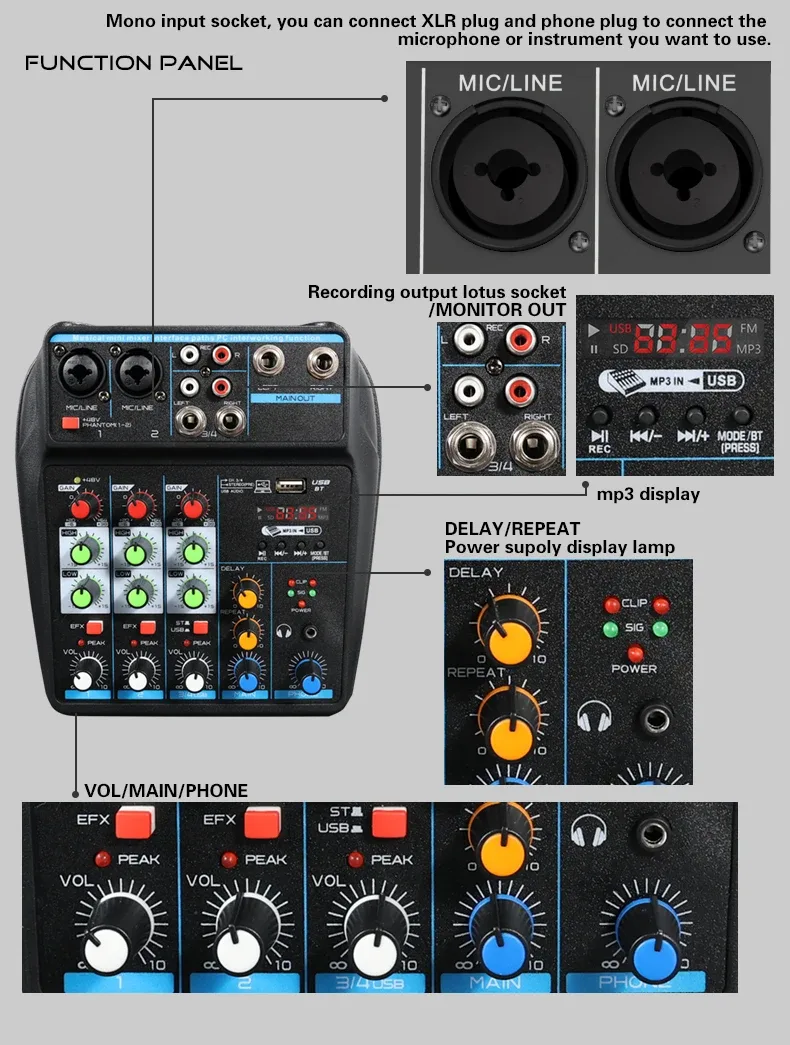 Console de mixage professionnelle 4 canaux avec Bluetooth, USB et alimentation fantôme 48 V - Image 6