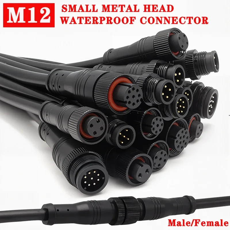 Connecteur M12 étanche IP68 à petite tête métallique (2-8 broches) - Mâle et Femelle - 20 cm - Image 1