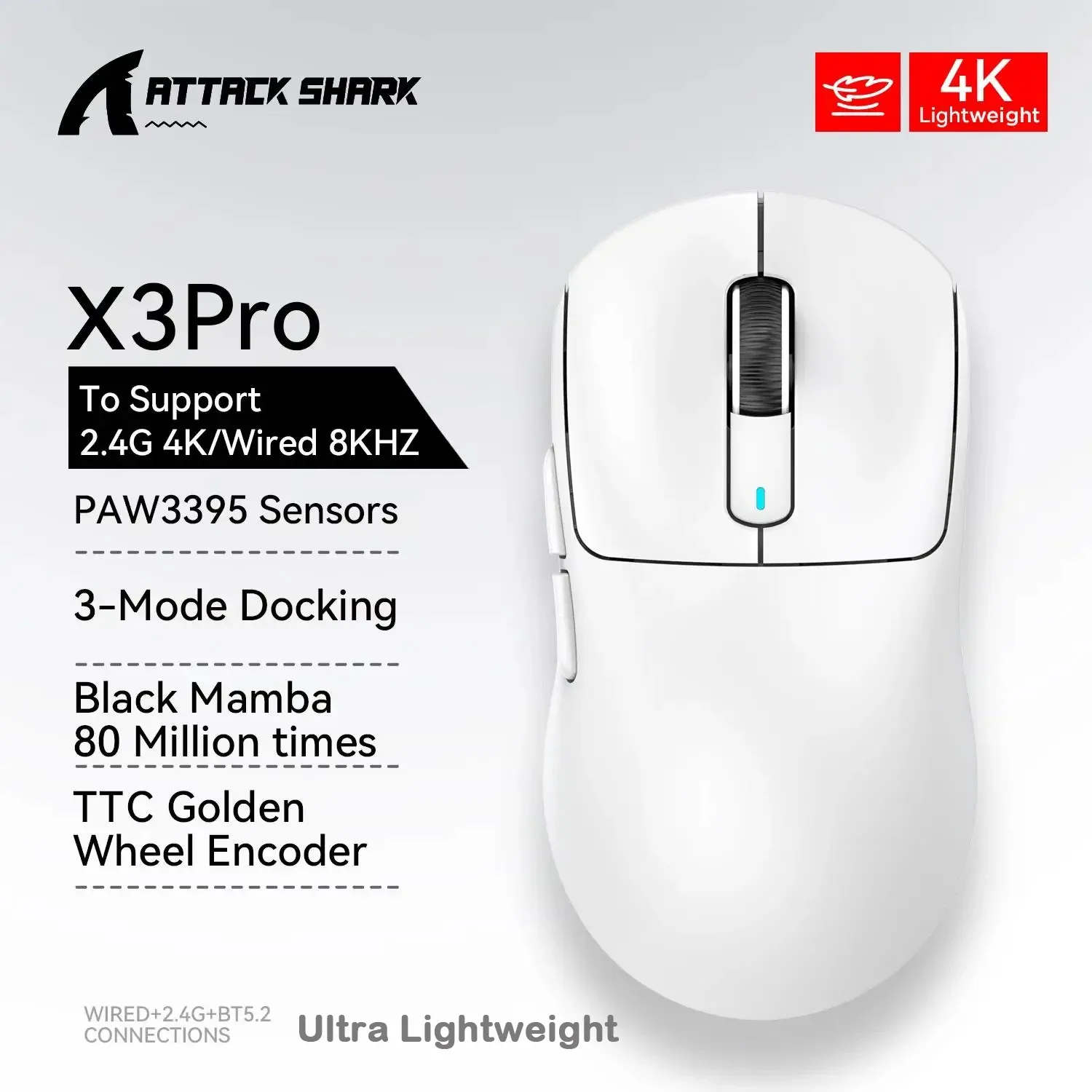 ATTACK SHARK X3/X3 Pro - Souris Gaming Sans Fil Tri-mode (Filaire/2.4GHz/BT5.2), 26K DPI, Capteur PAW3395, 4K/8K, Ultra-légère - Image 1