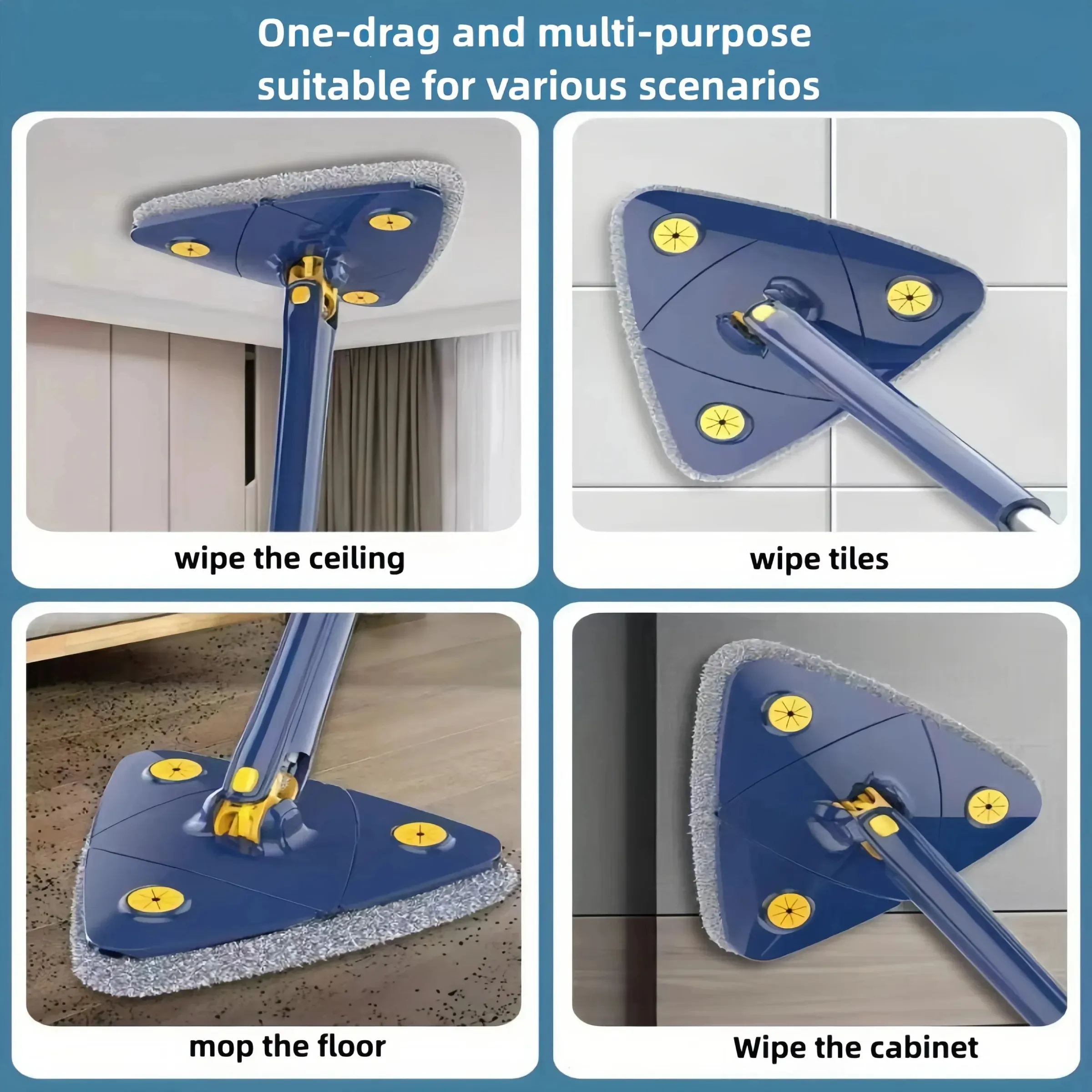 Vadrouille triangulaire rotative 360° extensible et réglable, 110 cm, pour le nettoyage de baignoires, carrelages, sols et murs 4