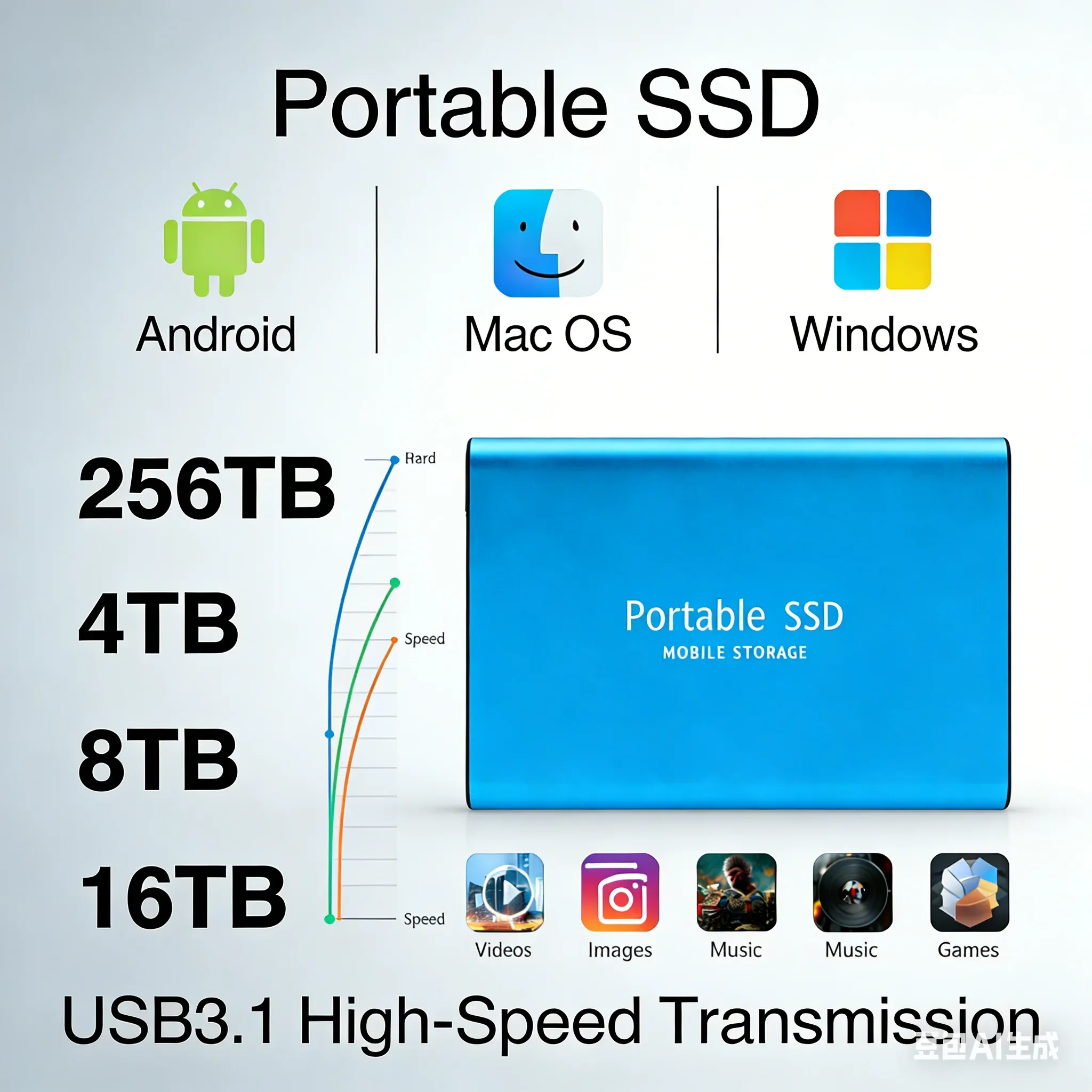 Disque SSD portable USB 3.2 Type-C pour ordinateur portable, PC et Mac