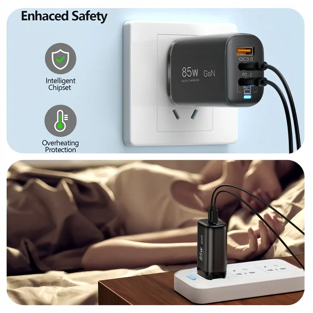 Chargeur USB-C GaN 85 W à charge rapide PD/PPS pour ordinateur portable, iPad et smartphones Samsung, Xiaomi et iPhone 4