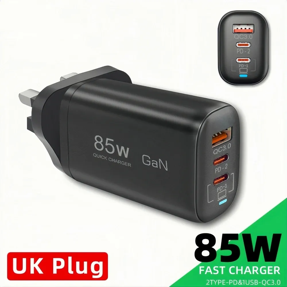Chargeur USB-C GaN 85 W à charge rapide PD/PPS pour ordinateur portable, iPad et smartphones Samsung, Xiaomi et iPhone 8