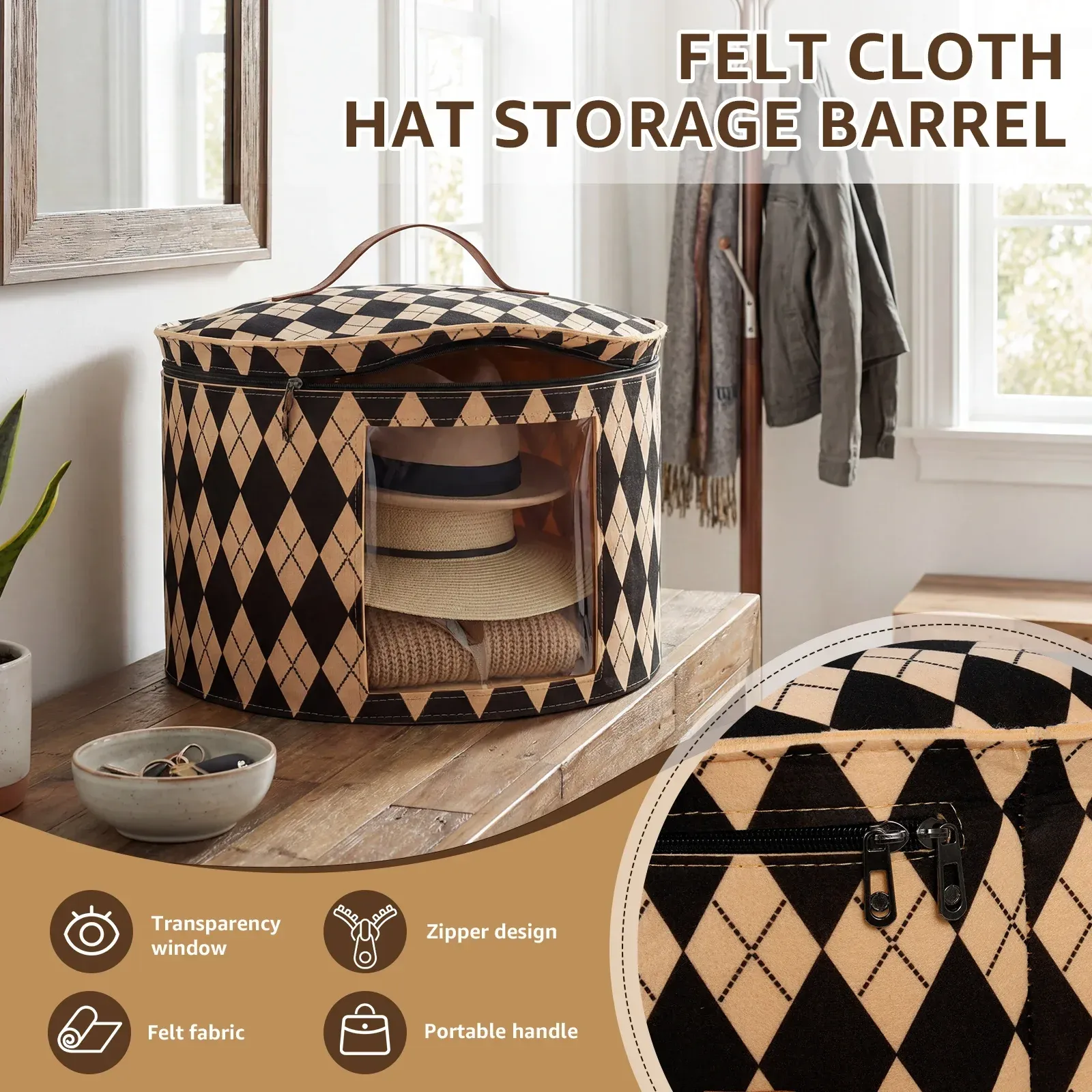 Boîte de rangement pour chapeaux, grande boîte circulaire pliable en feutre avec fermeture éclair, couvercle anti-poussière, boîte de voyage pour casquettes, organisateur de garde-robe 3