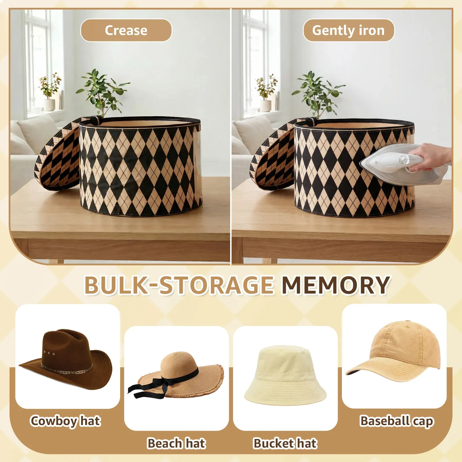 Boîte de rangement pour chapeaux, détail de la fermeture éclair