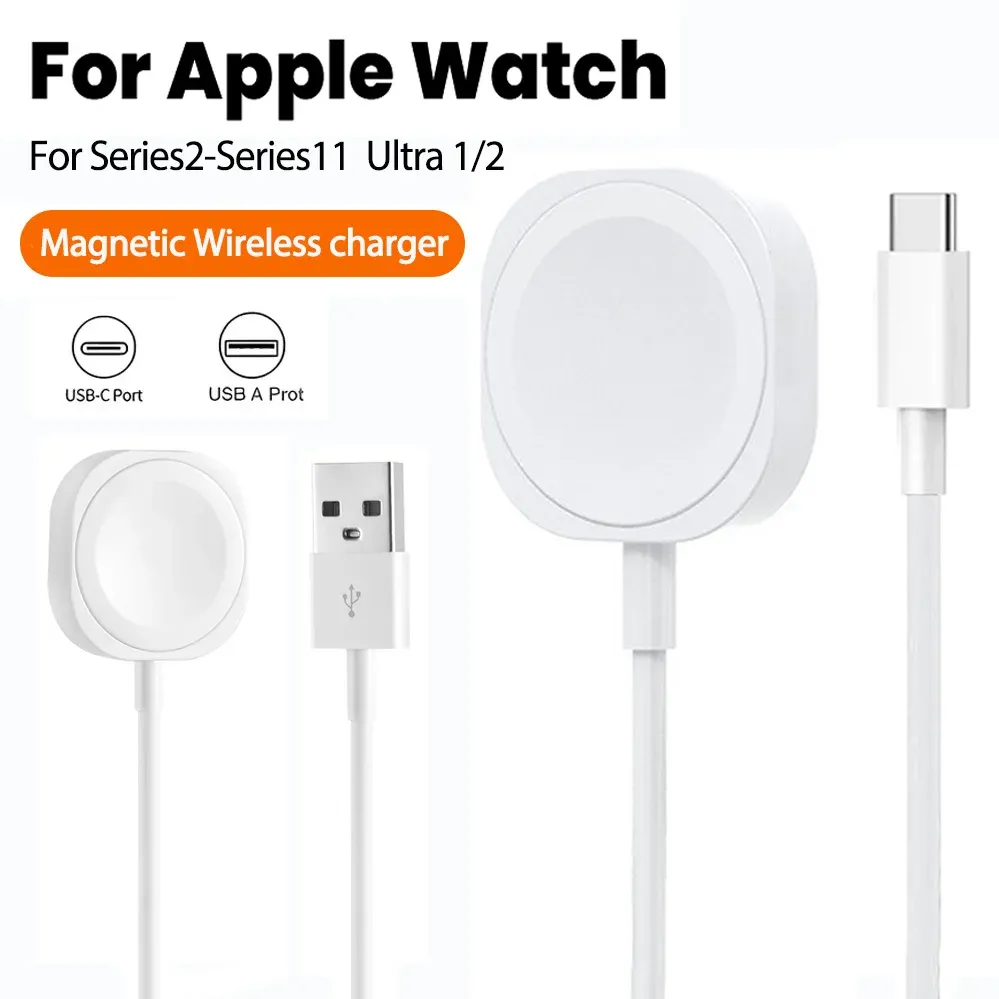 Câble de charge magnétique 1 m pour Apple Watch Series 11, 10, 9, 8, 7, 6, 5, 4, 3, 2, SE et Ultra, USB et USB-C, chargeur sans fil magnétique pour iWatch