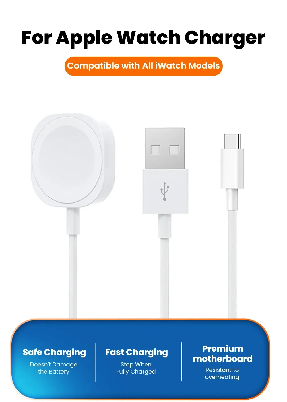 Câble de chargeur magnétique pour Apple Watch, vue d'ensemble