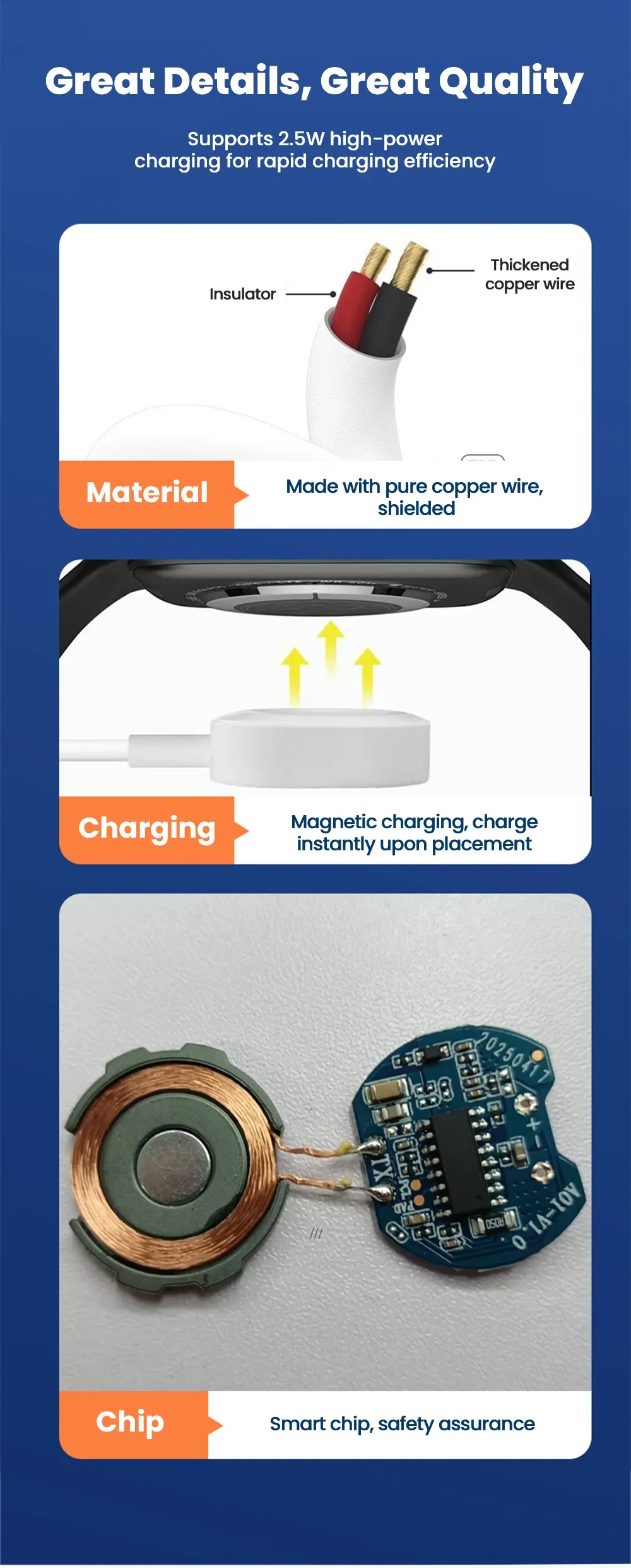Chargeur magnétique pour montre connectée, vue rapprochée
