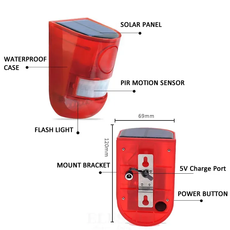 Alarme solaire à détecteur de mouvement infrarouge avec sirène 110 dB et flash stroboscopique pour maison, garage, hangar et caravane 2