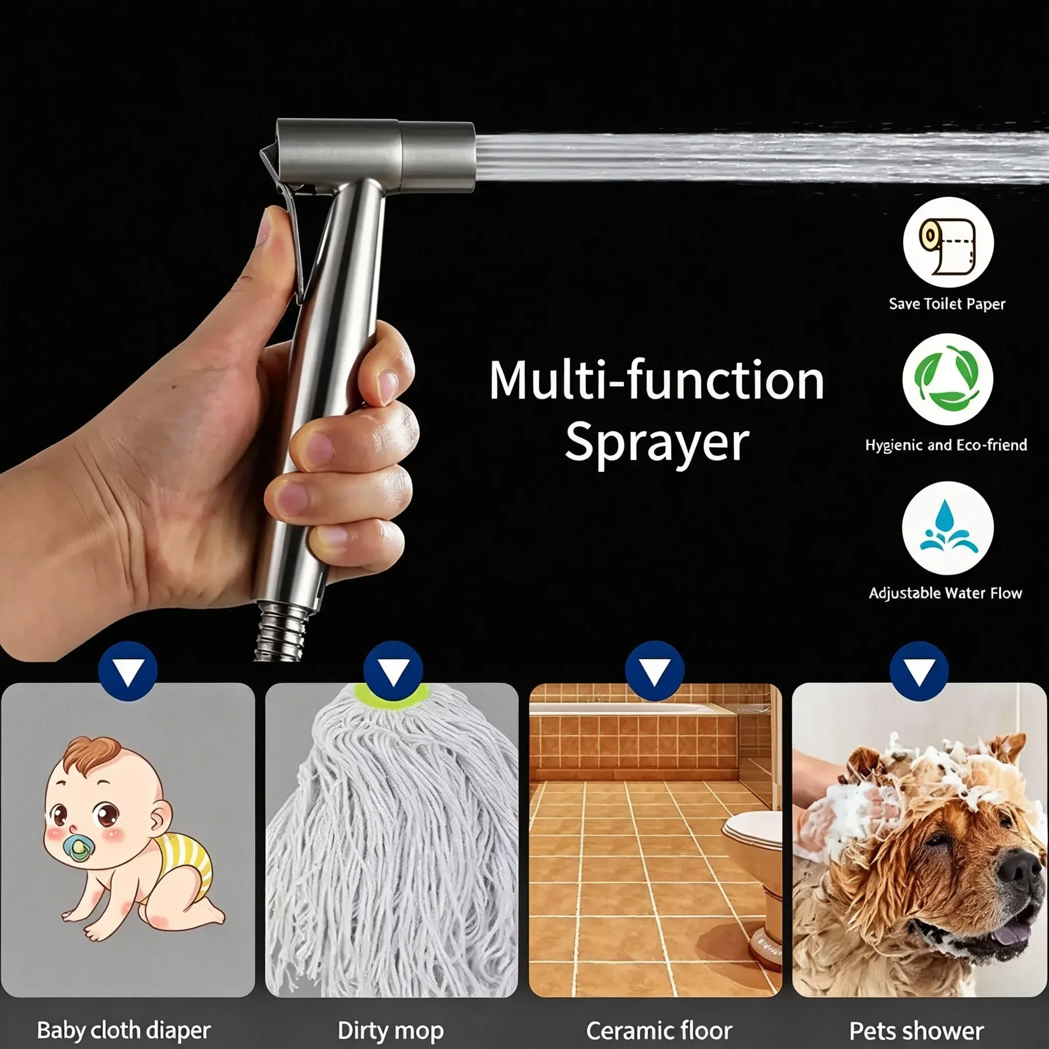 Pulvérisateur de bidet mural à double commande pour toilettes, Shattaf portable avec tuyau, pistolet de nettoyage multifonction pour hygiène féminine 3
