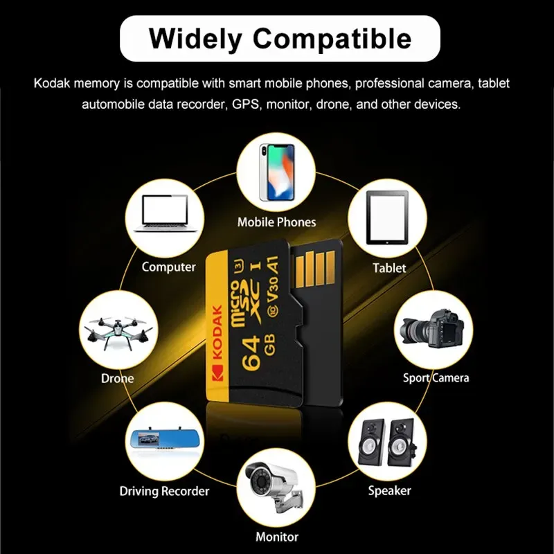 Carte mémoire microSD KODAK, jusqu'à 100 Mo/s, Classe 10 U3, 4K UHD, 32 Go à 256 Go 3