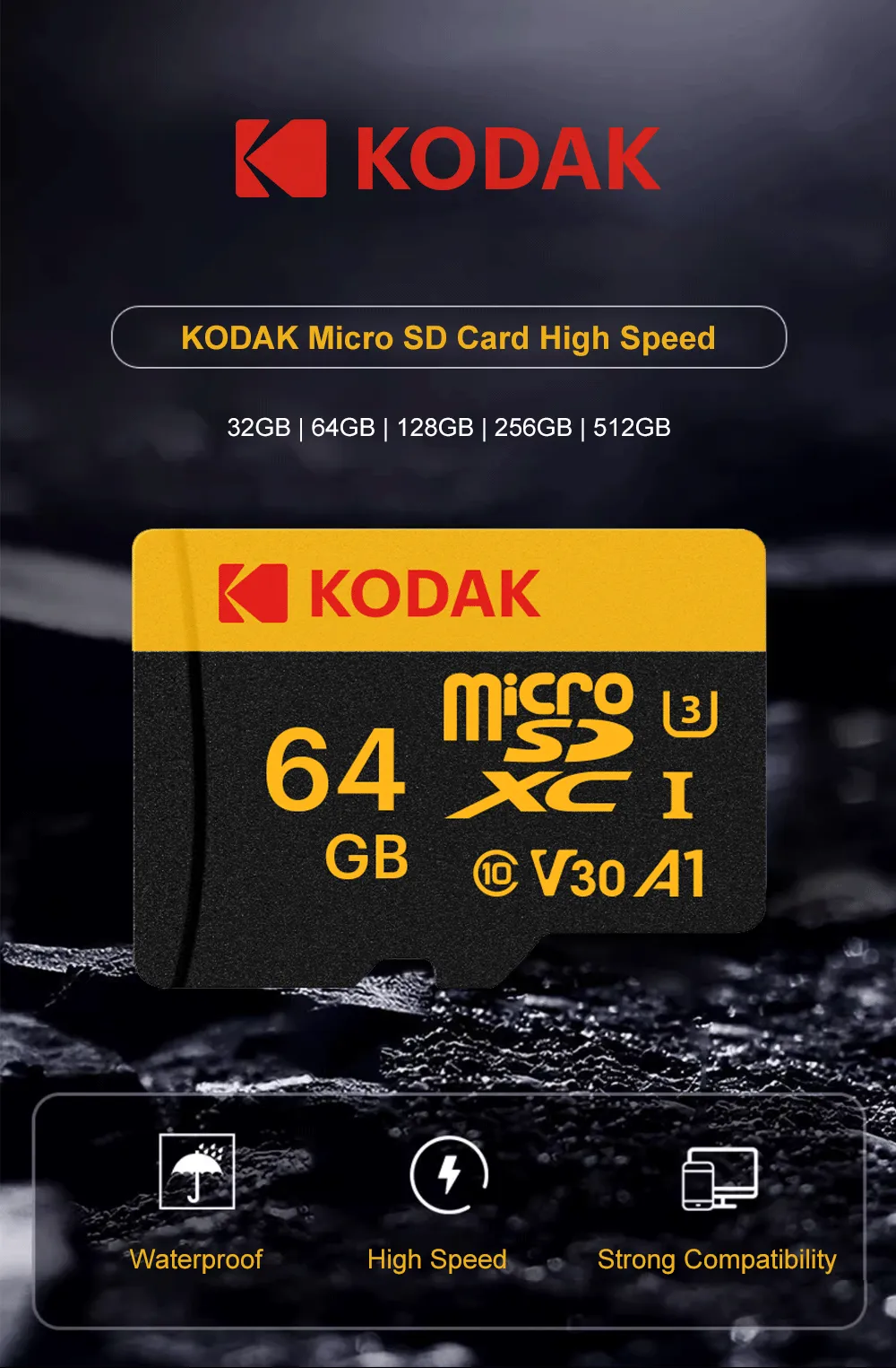 Carte mémoire microSD Kodak, vue de présentation