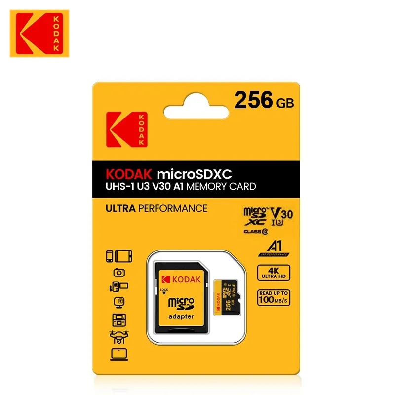 Carte mémoire microSD KODAK, jusqu'à 100 Mo/s, Classe 10 U3, 4K UHD, 32 Go à 256 Go 10
