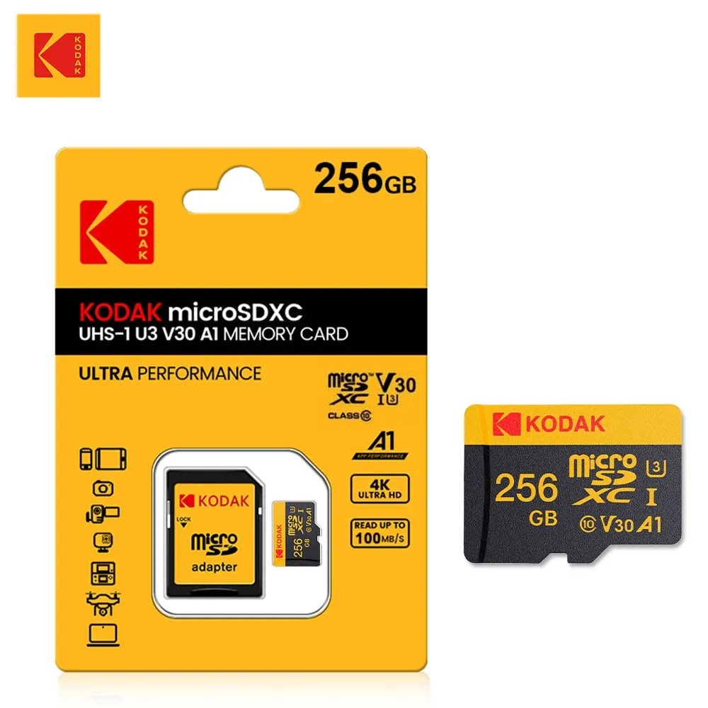 Carte mémoire microSD KODAK, jusqu'à 100 Mo/s, Classe 10 U3, 4K UHD, 32 Go à 256 Go 9