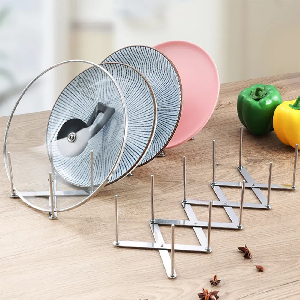 Support de couvercle de casserole rétractable et pliable en acier inoxydable, organisateur de couvercles pour cuisine - Image 1