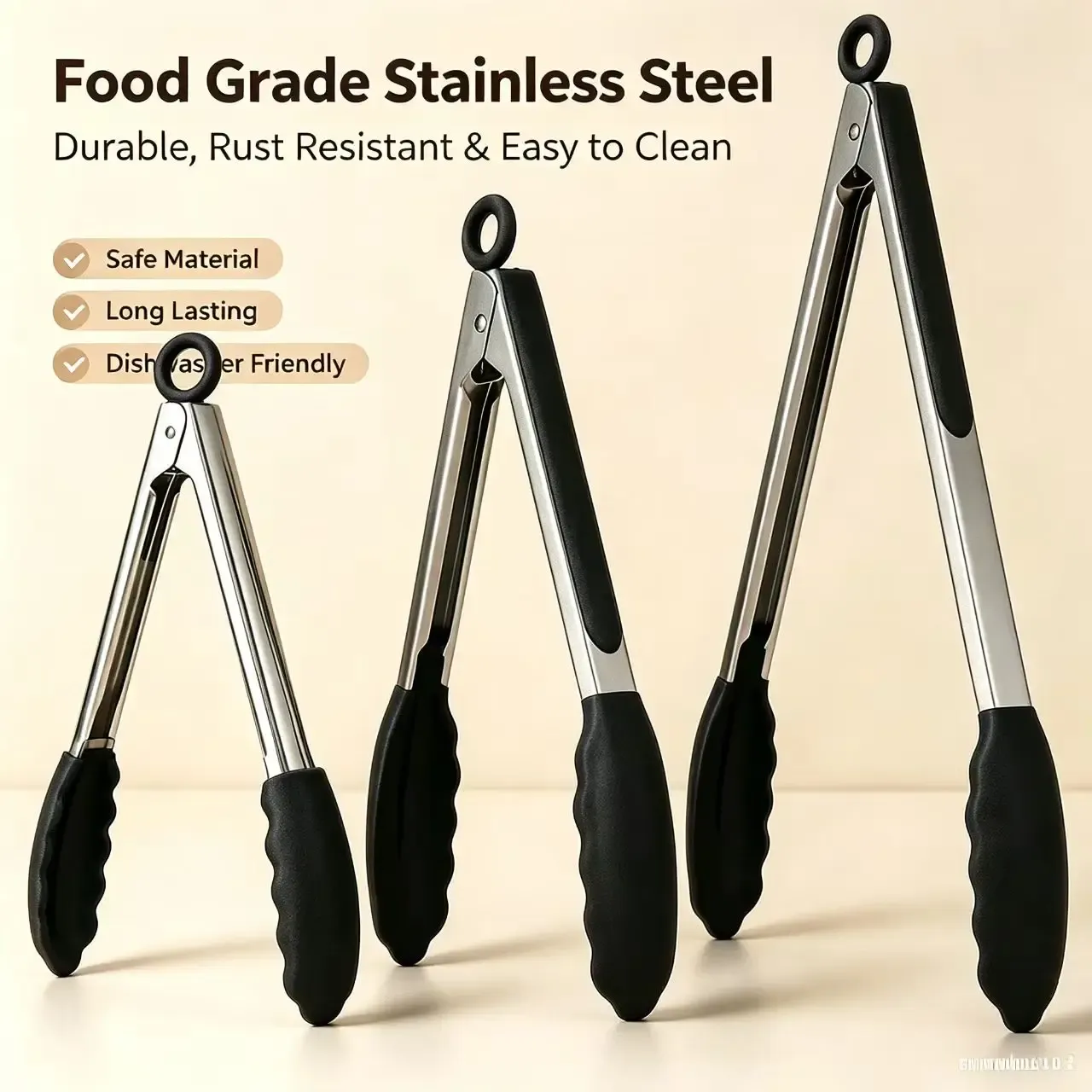 Pinces de cuisine robustes en acier inoxydable, 3 tailles disponibles, embouts en silicone, verrouillage haute résistance à la chaleur, poignée sécurisée