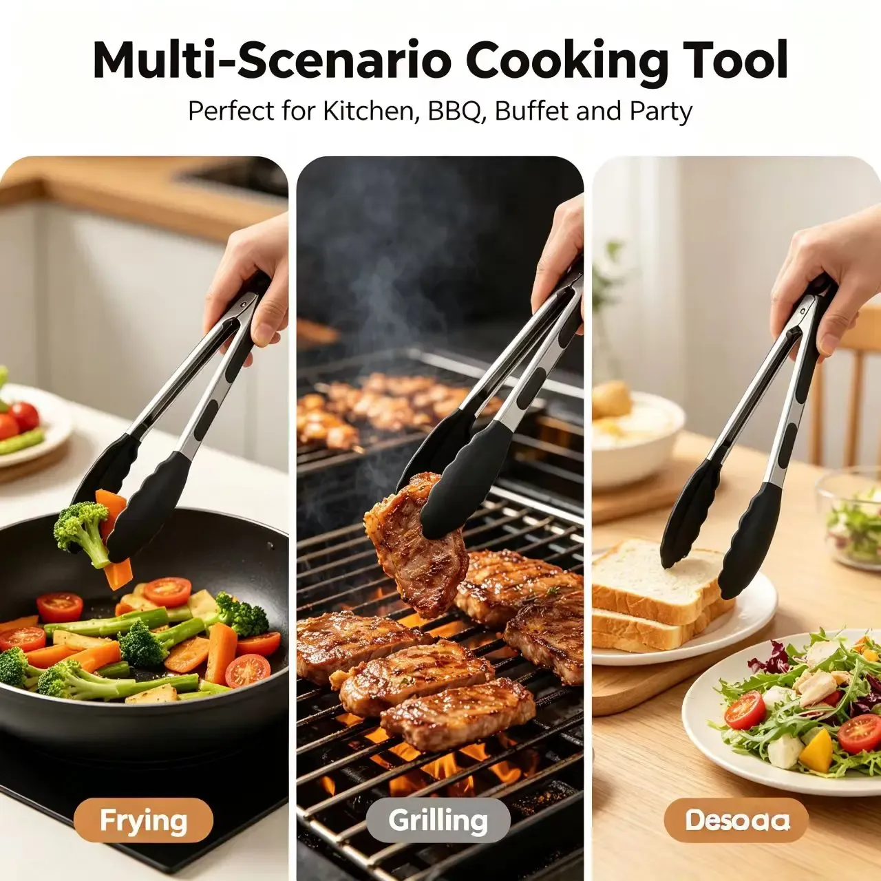 Pinces de cuisine robustes en acier inoxydable, 3 tailles disponibles, embouts en silicone, verrouillage haute résistance à la chaleur, poignée sécurisée 3