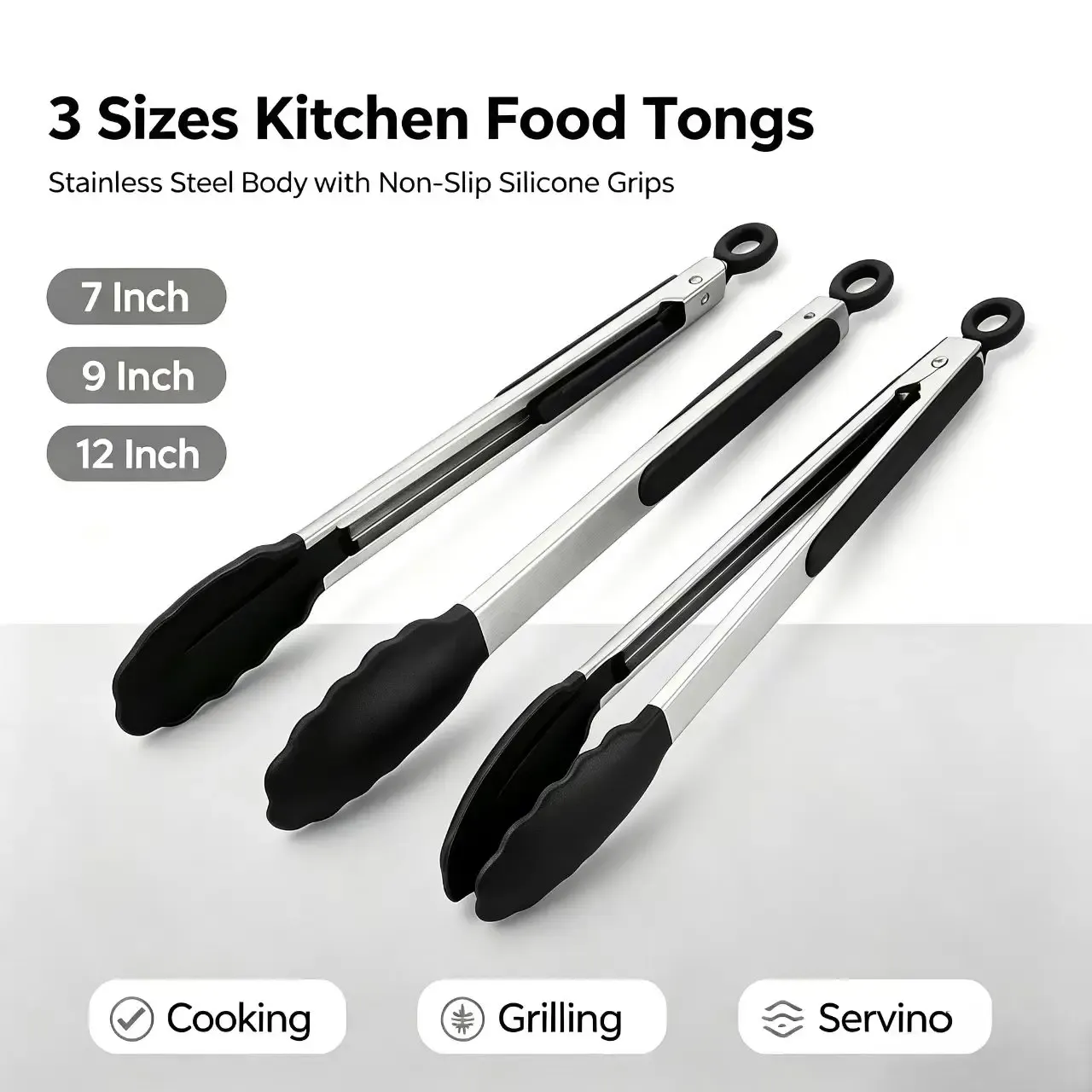 Pinces de cuisine robustes en acier inoxydable, 3 tailles disponibles, embouts en silicone, verrouillage haute résistance à la chaleur, poignée sécurisée 6