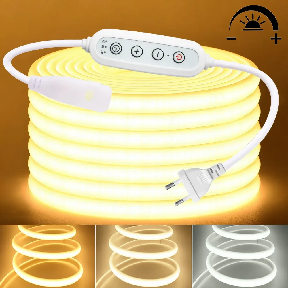 Bande LED COB 220V flexible et étanche avec variateur et kit d'alimentation, 288 LED, 3000K / 4000K / 6000K, éclairage décoratif pour cuisine