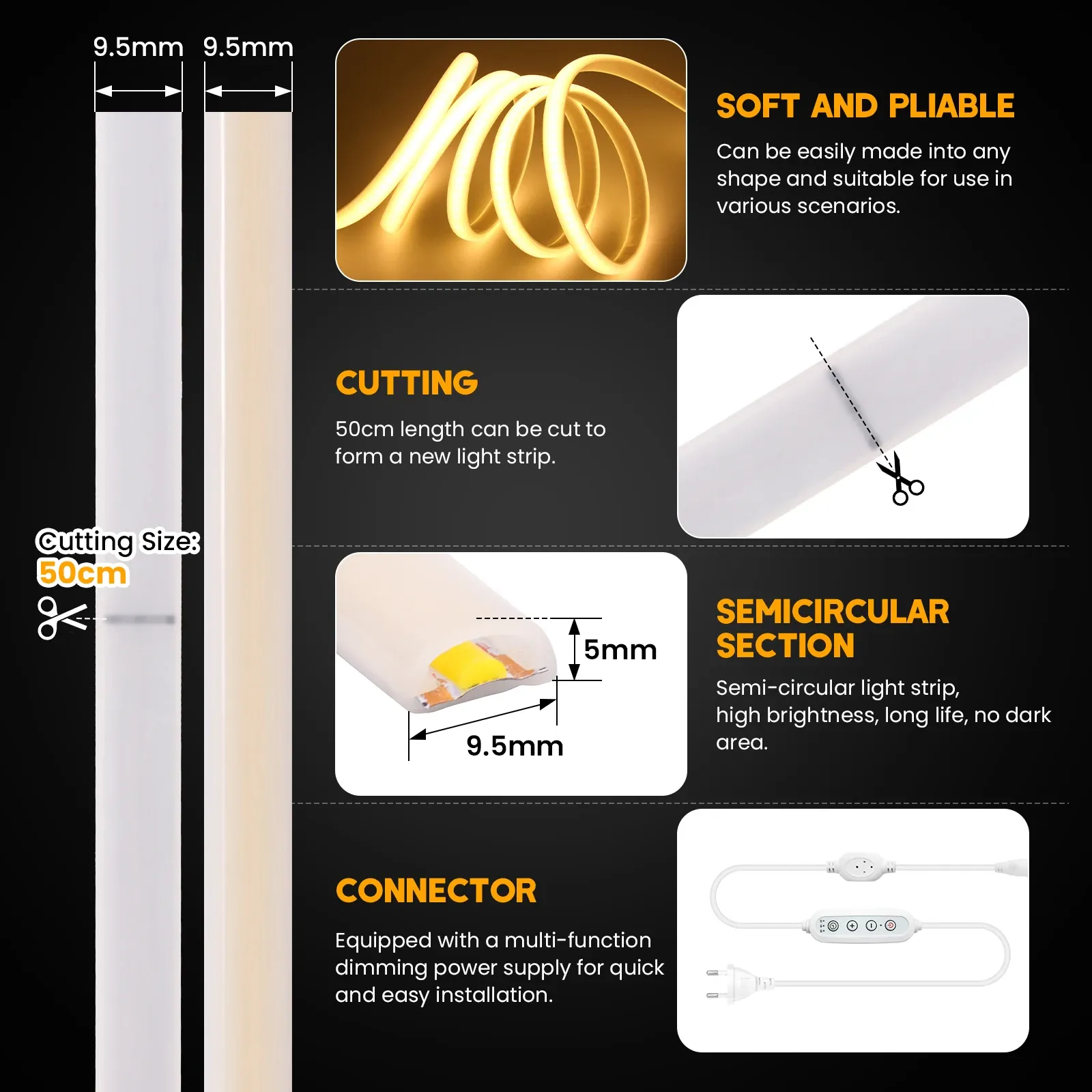 Bande LED COB 220V flexible et étanche avec variateur et kit d'alimentation, 288 LED, 3000K / 4000K / 6000K, éclairage décoratif pour cuisine 4