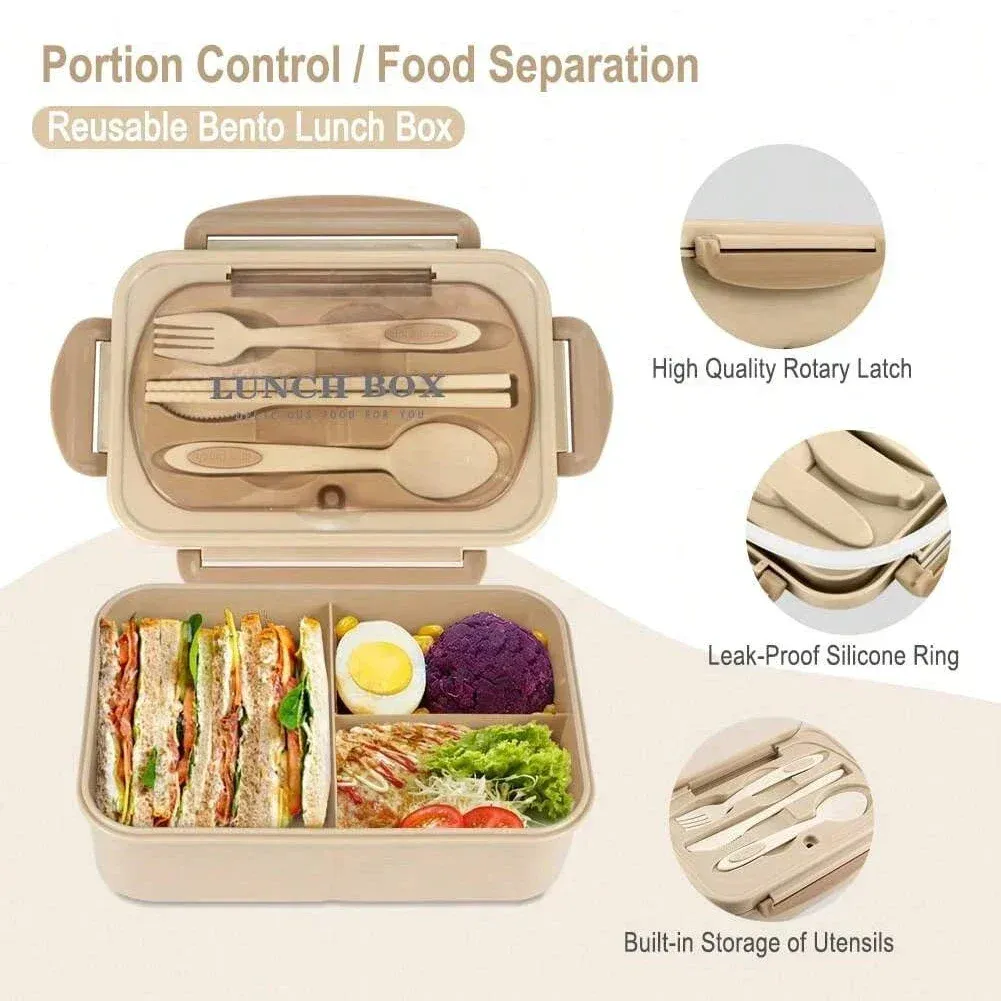 Boîte à déjeuner portable à compartiments pour enfants et étudiants, boîte Bento de bureau avec fourchette et cuillère, récipient de conservation des aliments compatible micro-ondes pour pique-nique 3