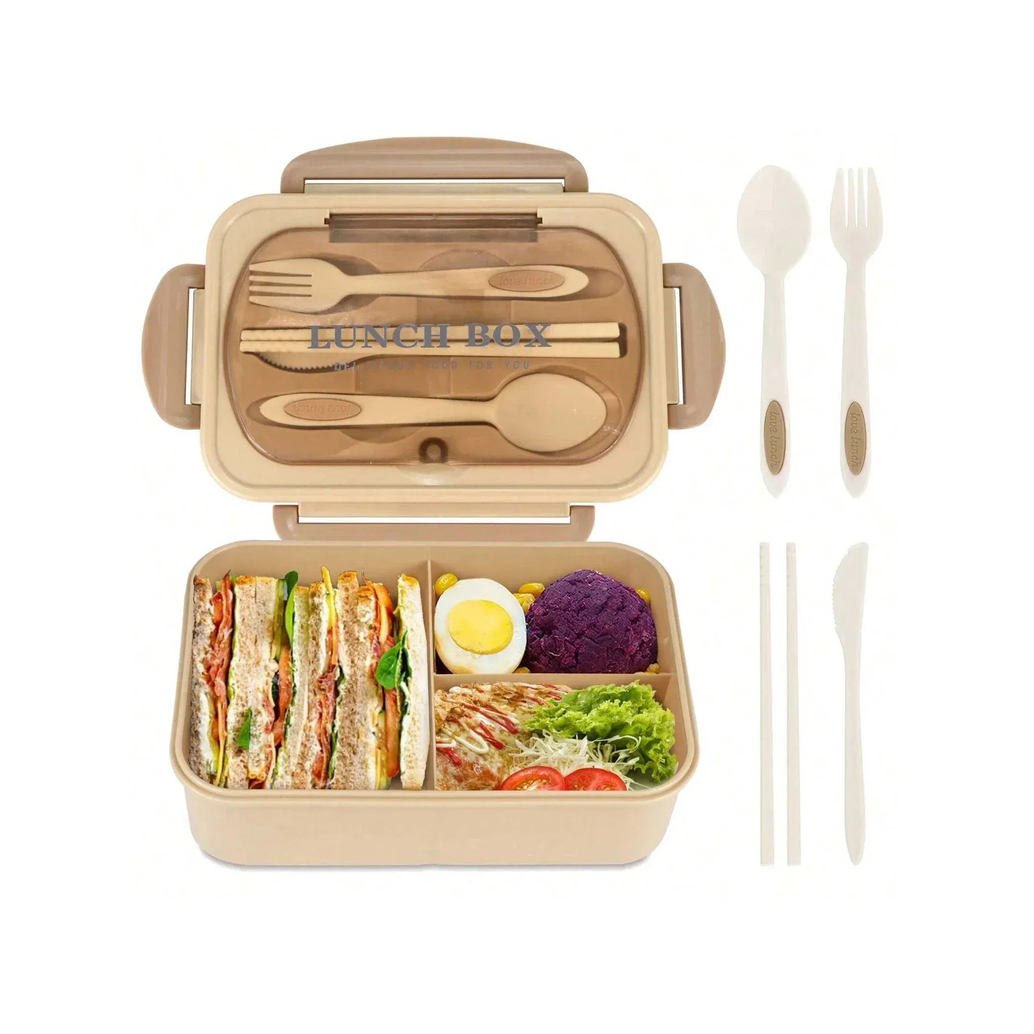 Boîte à déjeuner portable à compartiments pour enfants et étudiants, boîte Bento de bureau avec fourchette et cuillère, récipient de conservation des aliments compatible micro-ondes pour pique-nique - Image 1