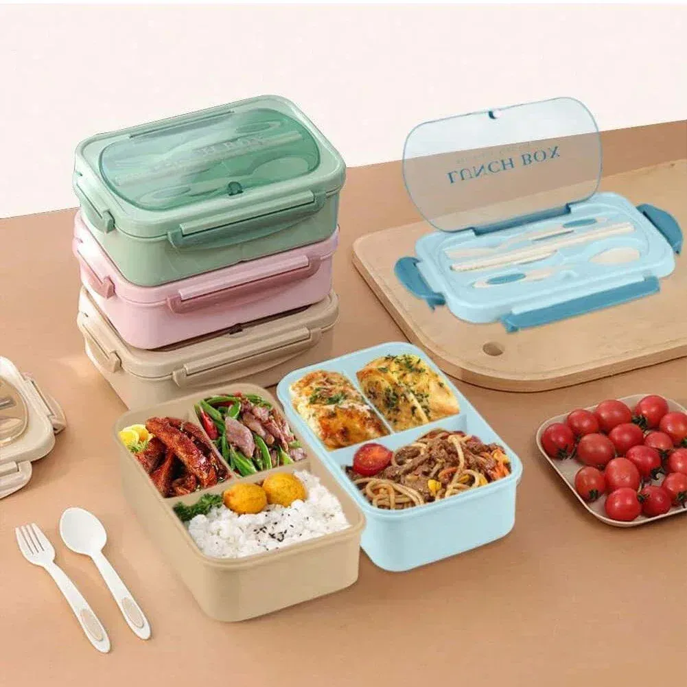 Boîte à déjeuner portable à compartiments pour enfants et étudiants, boîte Bento de bureau avec fourchette et cuillère, récipient de conservation des aliments compatible micro-ondes pour pique-nique 2