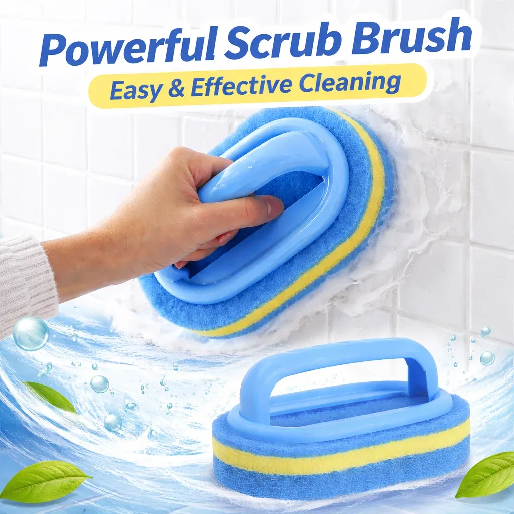 Brosse de nettoyage avec manche et éponge épaisse pour la vaisselle, la salle de bain et la cuisine - Image 1
