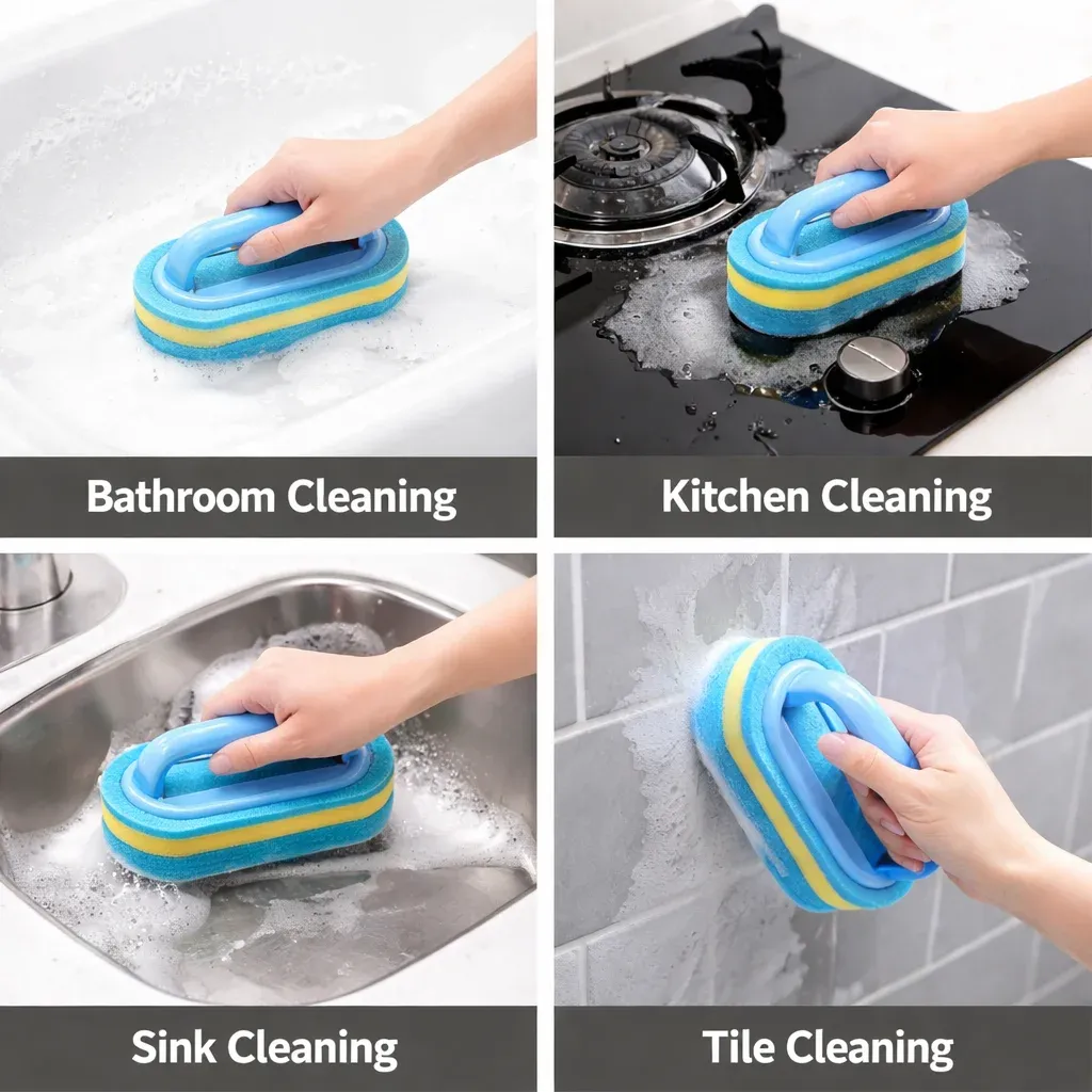 Brosse de nettoyage avec manche et éponge épaisse pour la vaisselle, la salle de bain et la cuisine 3