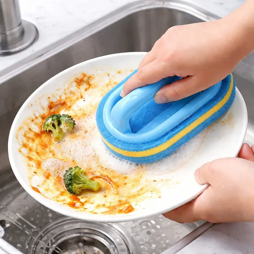 Brosse de nettoyage avec manche et éponge épaisse pour la vaisselle, la salle de bain et la cuisine 2