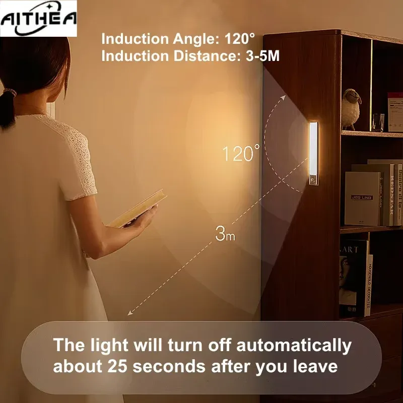 Lampes LED rechargeables USB à détecteur de mouvement PIR AITHEA, veilleuse portable à intensité réglable pour armoire et chambre 5