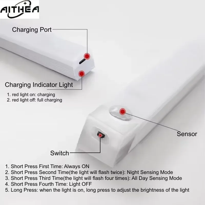 Lampes LED rechargeables USB à détecteur de mouvement PIR AITHEA, veilleuse portable à intensité réglable pour armoire et chambre 6