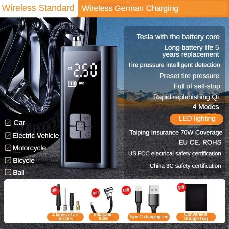 Pompe à air portable pour voiture, filaire et sans fil, compresseur 150 PSI pour gonflage de pneus de voiture, moto, vélo et ballons 7