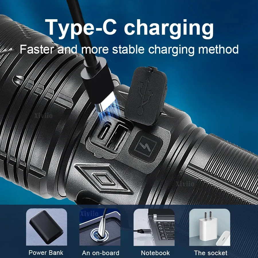 Lampe torche tactique LED rechargeable ultra puissante 10000W, super lumineuse, modèle 2026 pour aventure en plein air, pêche et camping 6