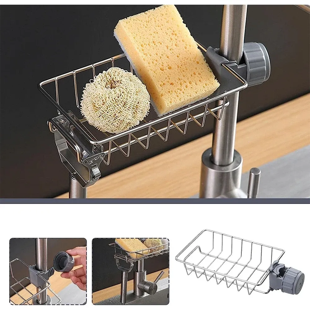 Égouttoir d'évier de cuisine avec range-éponge, porte-robinet flexible et porte-savon 3