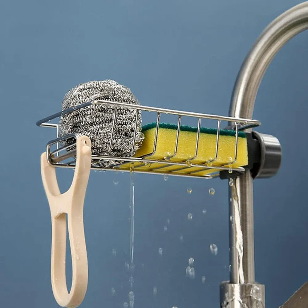 Égouttoir d'évier de cuisine avec range-éponge, porte-robinet flexible et porte-savon 2