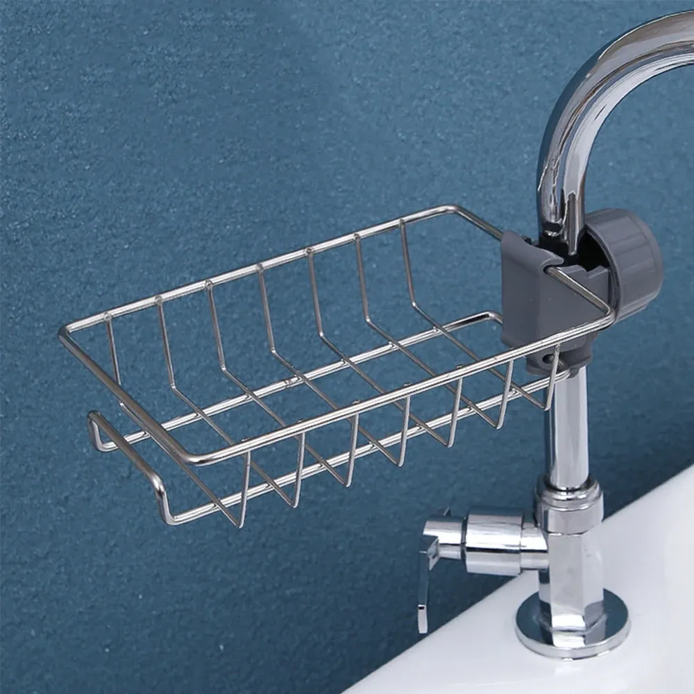 Égouttoir d'évier de cuisine avec range-éponge, porte-robinet flexible et porte-savon 5