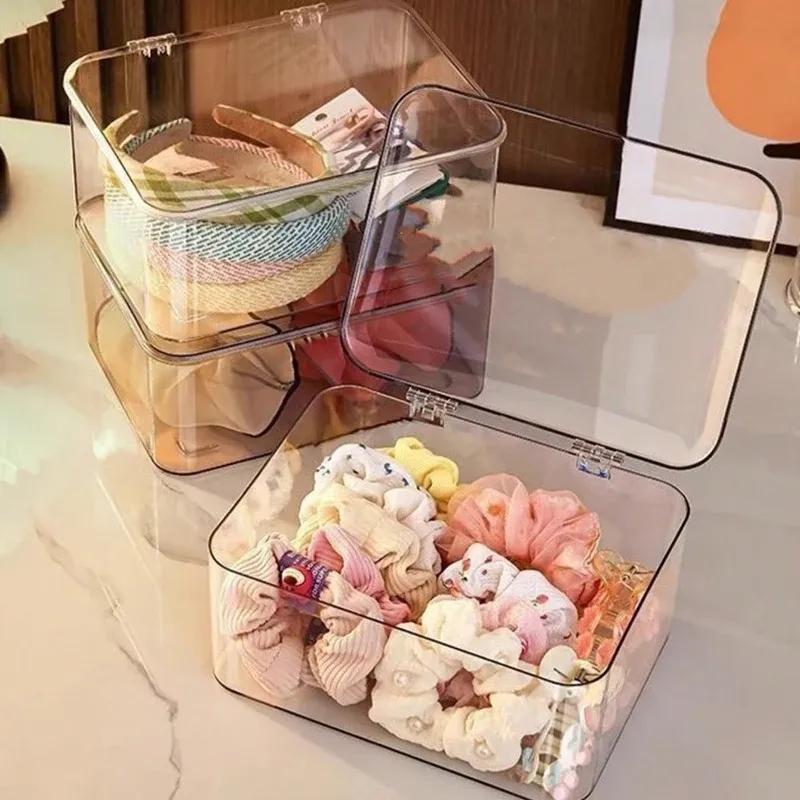 Boîte de rangement pour bijoux, 1 pièce, boîte transparente à couvercle rabattable anti-poussière, adaptée aux pinces à cheveux, élastiques et organisateur de bureau