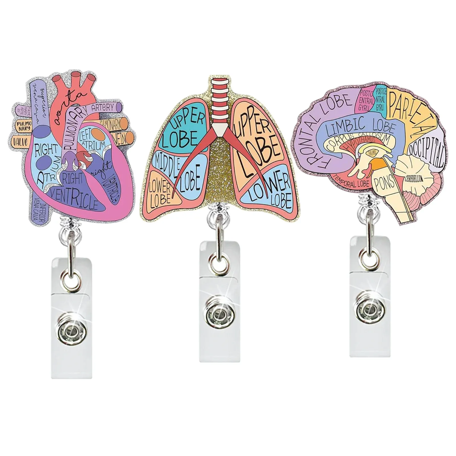 Porte-badge rotatif rétractable pour médecin et infirmière, motif cœur, poumon ou cerveau en acrylique pailleté, pince crocodile - Image 1