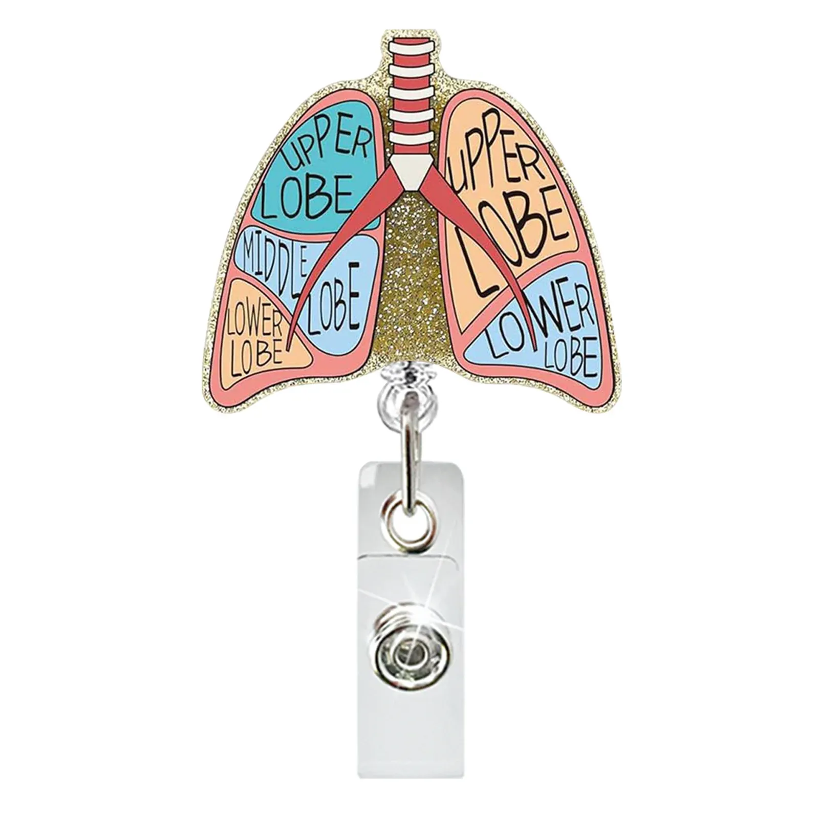 Porte-badge rotatif rétractable pour médecin et infirmière, motif cœur, poumon ou cerveau en acrylique pailleté, pince crocodile 6