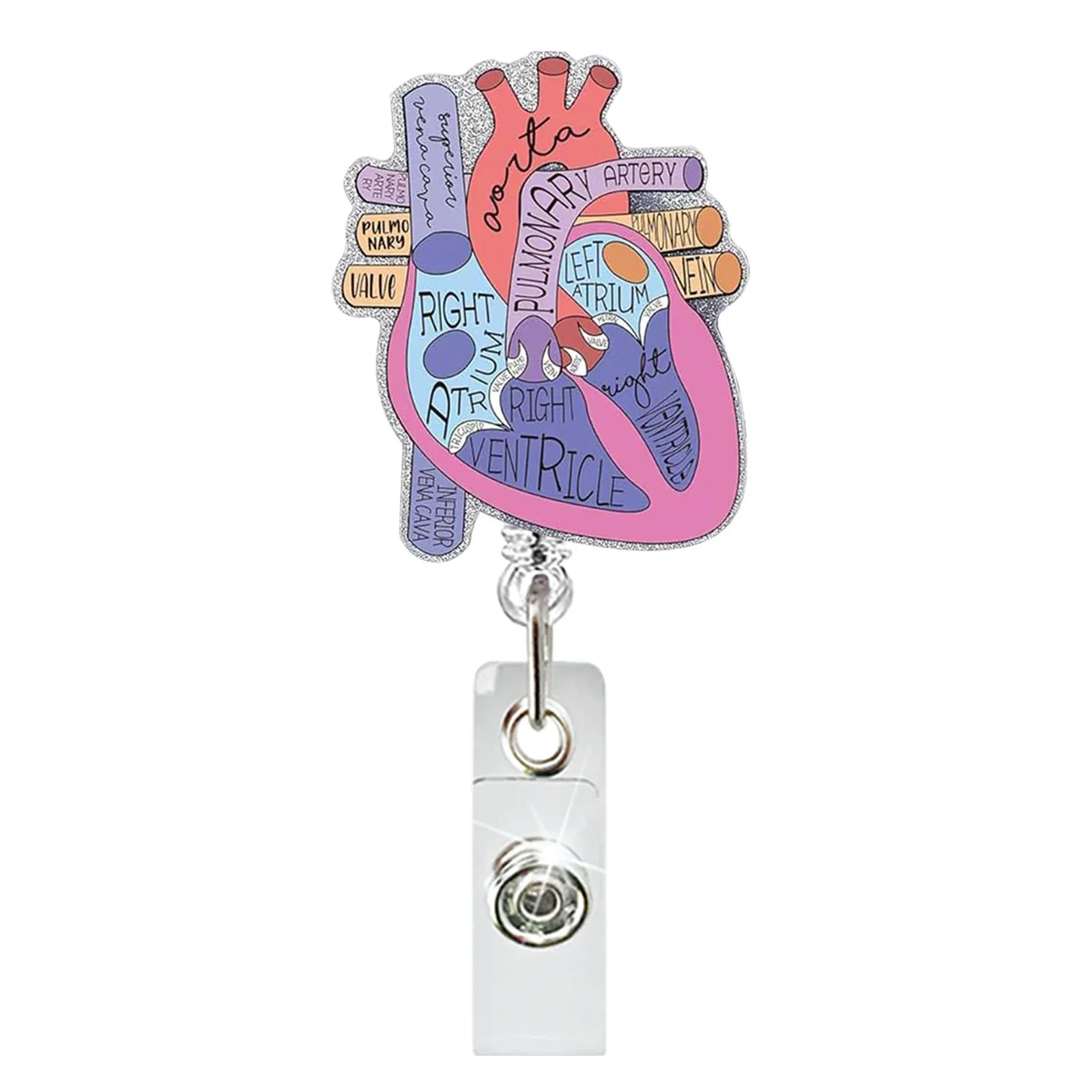 Porte-badge rotatif rétractable pour médecin et infirmière, motif cœur, poumon ou cerveau en acrylique pailleté, pince crocodile 5
